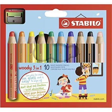 Stabilo Woddy 3 em 1 Pacote de 10 Lápis de Cor + Apontador - Lápis de Cor, Cera e Aquarela, Tudo em Um - Chumbo XXL 10mm - Cores