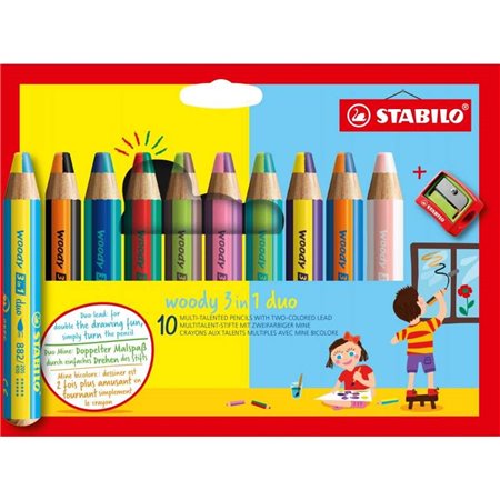 Stabilo Woddy 3 em 1 Duo Pacote de 10 Lápis de Cor + Apontador - Chumbo 2 Cores XXL 10mm - Lápis de Cor, Cera Aquarela, Tudo em 