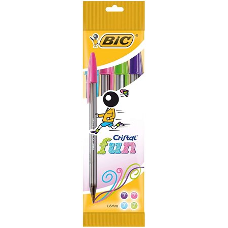 Pacote divertido Bic Cristal de 4 canetas esferográficas - ponta redonda de 1,6 mm - traço de 0,42 mm - tinta à base de óleo - c