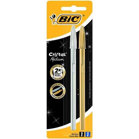 Bic Cristal Shine Pacote de 2 canetas Rollerball - Ponta média de 1,0 mm - Tinta à base de óleo - Corpo prateado e dourado - Cor