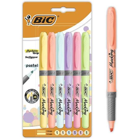 Pacote Bic Highlighter Grip de 6 marcadores fluorescentes pastel - tinta à base de água - ponta de cinzel - linha entre 1,60 e 3