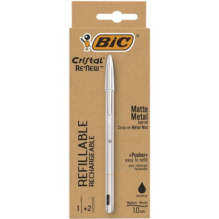 Bic Cristal Re´new Pacote de caneta esferográfica recarregável + 2 recargas - Ponta redonda de 1,0 mm - Curso de 0,32 mm - Tinta