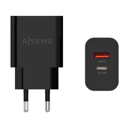 Carregador Aisens 20W - 1xUSB-C PD3.0 - 1xUSB-A QC3.0 - Cor Preto