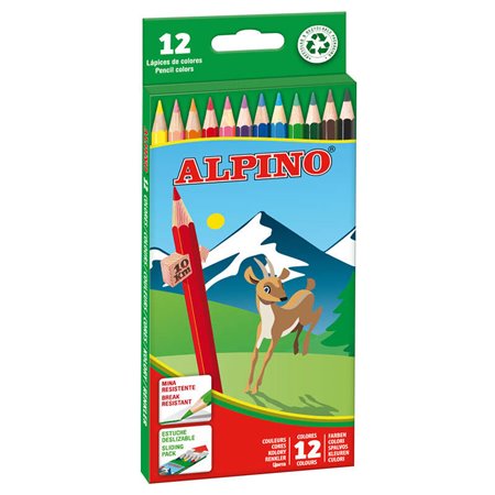 Alpino Pacote de 12 Lápis de Cor Hexagonais - Chumbo 3mm - Resistente a Quebras - Bandeja Removível - Cores Sortidas