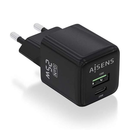 Carregador Aisens Gan 25W - 1xUSB-C PD3.0 QC4.0 - 1xUSB-A QC3.0 - Cor Preta