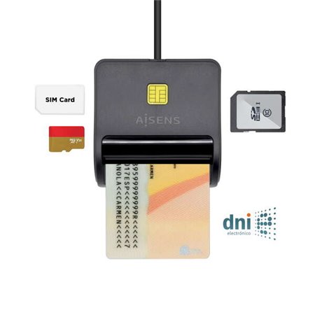 Leitor de cartão inteligente Aisens DNI com leitor de cartão SIM - SD - Micro SD - MMC - RS-MMC - MMC Micro - Cor preta