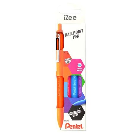 Pentel iZee Pacote de 4 canetas esferográficas retráteis - Ponta de 0,7 mm - Curso de 0,35 mm - Clipe de metal - Cores laranja, 