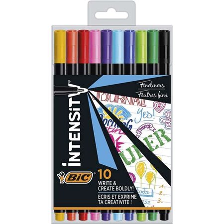 Bic Intensity Fine Pacote de 10 marcadores - ponta fina de 0,8 mm - linha de 0,4 mm - tinta à base de água - cores sortidas