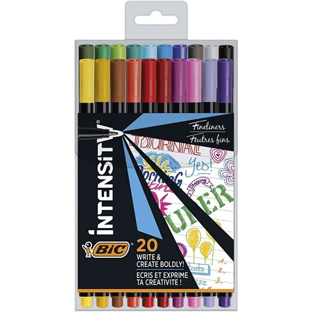 Pacote fino de intensidade Bic com 20 marcadores - ponta fina de 0,8 mm - linha de 0,4 mm - tinta à base de água - cores sortida