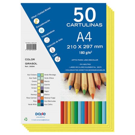 Cartões Coloridos Dohe 180 G/M2 - Tamanho A4 - PH Neutro - Livre de Cloro Elemental - Corantes Biodegradáveis