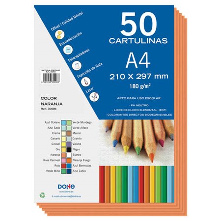 Cartões Coloridos Dohe 180 G/M2 - Tamanho A4 - PH Neutro - Livre de Cloro Elemental - Corantes Biodegradáveis