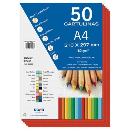 Cartões Coloridos Dohe 180 G/M2 - Tamanho A4 - PH Neutro - Livre de Cloro Elemental - Corantes Biodegradáveis