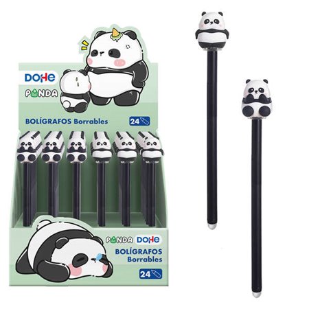 Display Dohe de 24 canetas de tinta apagáveis - Corpo de plástico colorido - Tampa decorada com motivos de panda - Ponta esféric