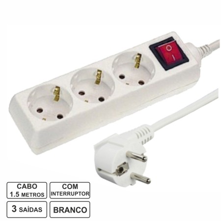 Tomada Elétrica C/ 3 Saídas Interruptor 1.5M Branco