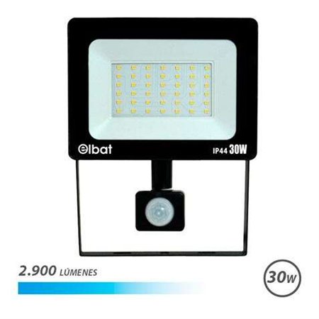 Foco LED Elbat com Sensor de Movimento - Potência: 30W - Lúmens: 2900 - Luz Fria 6.500K - Vida Útil: 30.000 - 50.000 Horas - Âng