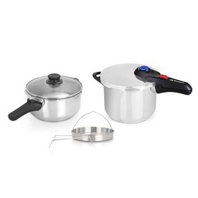 Fogão rápido Orbegozo HP 4566 em aço inoxidável - Duas panelas com sistema de segurança - Fundo termodifusor - Seletor de pressã Fogão rápido Orbegozo HP 4566 em aço inoxidável - Duas panelas com sistema de segurança - Fundo termodifusor - Seletor de pressã