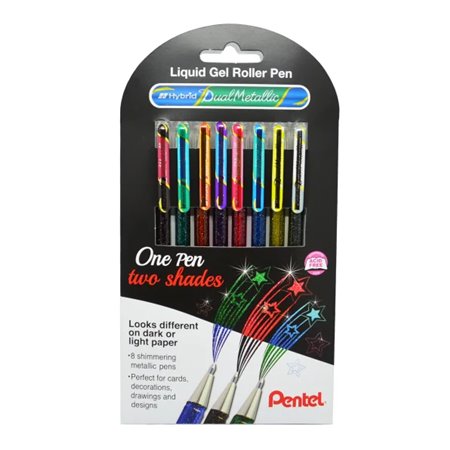 Pentel Hybrid Dual Metallic Pacote de 8 canetas esferográficas com tinta gel brilhante - ponta de 1 mm - traço de 0,5 mm - cores