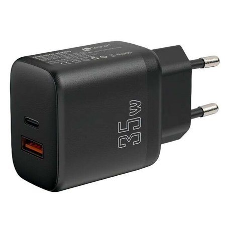 Carregador de smartphone Leotec 35W com portas USB-C PD 3.0 e USB-A - Proteção contra sobrecorrente e curto-circuito - Cor preta