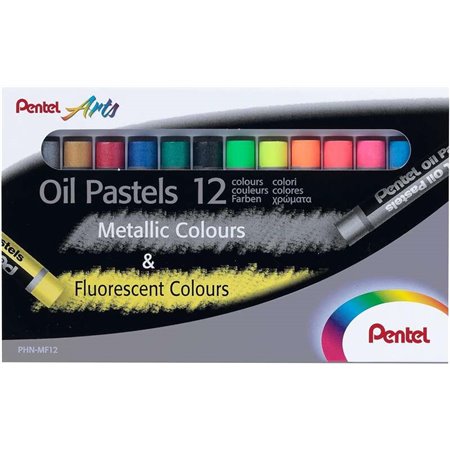 Pastéis de Óleo Pentel Pacote de 12 Pastéis de Óleo - 6 Metálicos e 6 Fluorescentes - Suaves, Cremosos e Secagem Lenta - Cores M