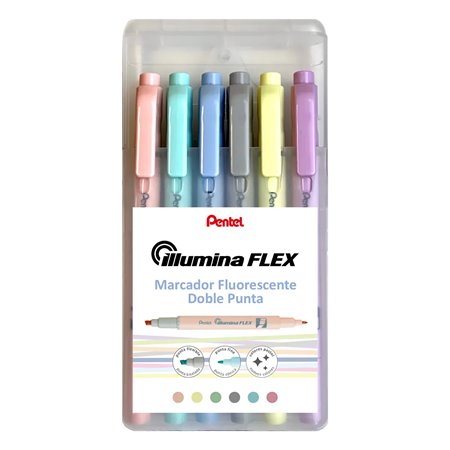 Pentel Illumina Flex Pacote de 6 Marcadores Fluorescentes de Ponta Dupla - Traço chanfrado entre 1,5 a 3,5mm - Traço Cônico 1mm 