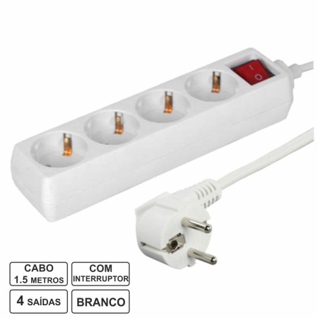 Tomada Elétrica C/ 4 Saídas Interruptor 1.5M Branco