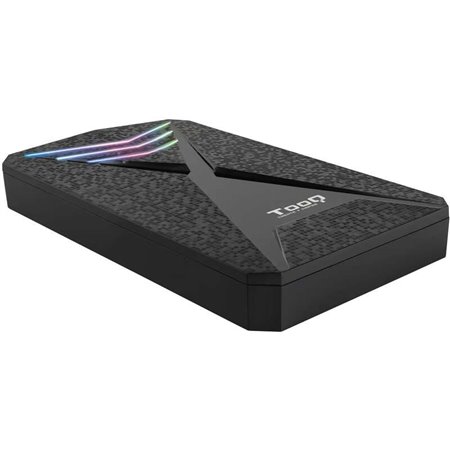 Caixa externa para HDD/SDD para jogos Tooq 2,5" até 9,5 mm SATA USB 3.0/3.1 Gen 1 - Iluminação LED RGB - Sem parafusos - Cor pre