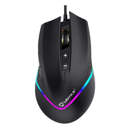 Mouse para jogos Unykach Nova M244 USB com iluminação RGB 6400dpi - 5 botões - uso para destros - cabo de 1,50 m - cor preta