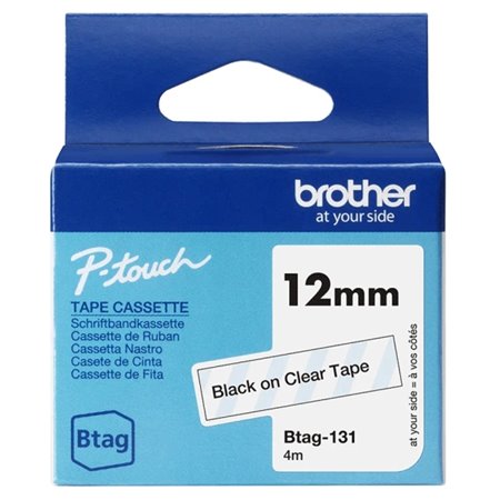 Fita Brother Btag-131 12mm - Texto Preto em Fundo Transparente - Medidas 12mmx4 Metros - Adequada para PTN10, PTN20, PTN25BT