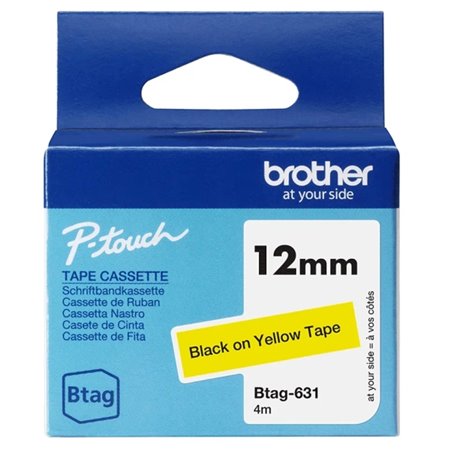 Fita Brother Btag-631 12mm - Texto preto em fundo amarelo - Medidas 12mm x 4 metros - Adequada para PTN10, PTN20, PTN25BT
