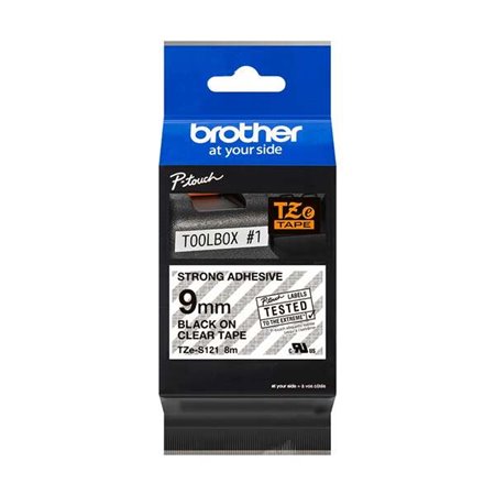 Etiquetas laminadas superadesiva original Brother TZeS121 - Texto preto em fundo transparente - Largura 9 mm x 8 metros