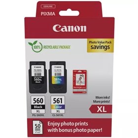 Canon PG560XL Preto + CL561XL Colorido Pack de 2 Tinteiros Originais - 50 Folhas de Papel Fotográfico - 3712C008/3712C004