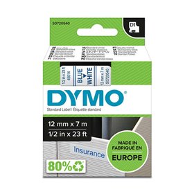 Etiquetas original Dymo D1 para etiquetadora - Texto azul em fundo branco - Largura 12 mm x 7 metros - S0720540