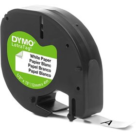 Etiquetas original Dymo LetraTag S0721510 para etiquetadora - Texto preto em fundo branco - Largura 12 mm x 4 metros (91200)