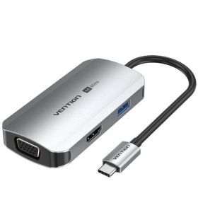 Docking USB-C Vention TQAHB/ 1xHDMI/ 1xUSB/ 1xVGA/ 1xUSB-C PD/ Cinza