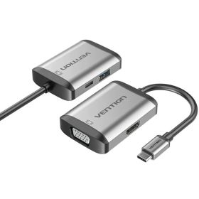 Conversor Vention TFAHB/ 1xUSB/ 1xHDMI/ 1xVGA/ 1xUSB-C PD/ 15cm/ Cinza