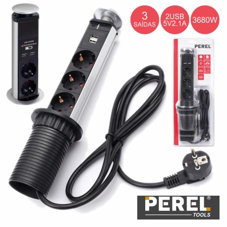 Tomada Elétrica C/ 3 Saídas E 2 Usb 2.1A P/ Secretária Perel