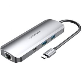 Dock USB Tipo-C Vention TOMHB, 1xHDMI, 2xUSB, 1xUSB Tipo-C, 1xUSB Tipo-C PD, 1xRJ45, 1xLeitor de cartões SD e MicroSD, Jack 3.5,