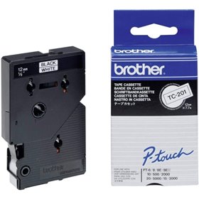 Brother TC201 Fita Laminada Original para Rotuladora Texto Preto sobre Fundo Branco Largura 12mm x 7 metros