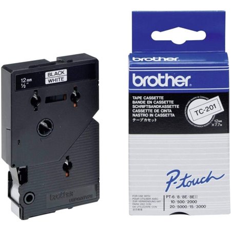 Brother TC201 Fita Laminada Original para Rotuladora Texto Preto sobre Fundo Branco Largura 12mm x 7 metros