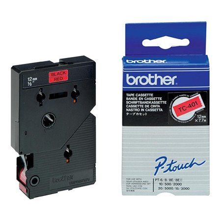 Brother TC401 Fita Laminada Original para Rotuladora Texto Preto sobre Fundo Vermelho Largura 12mm x 7 metros