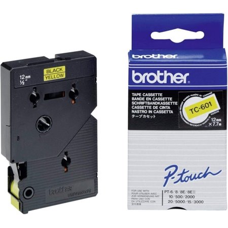 Brother TC601 Fita Laminada Original para Rotuladora Texto Preto sobre Fundo Amarelo Largura 12mm x 7 metros