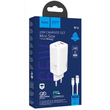 Carregador Tipo GaN 1* USB-A e 2* USB-C, de 65W Hoco N16 - Branco