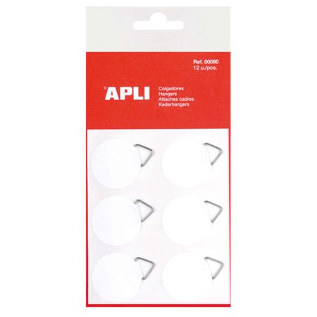 Conjunto de 12 ganchos autoadesivos redondos Apli Ø 30mm - Suporte triangular de metal - Base adesiva branca - Alta resistência 
