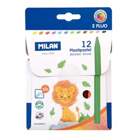 Kit com 12 giz de cera redondos coloridos Milan Plastipastel - Contém 2 giz de cera fluorescentes - Cores sortidas