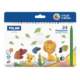 Kit com 24 giz de cera redondos coloridos Milan Plastipastel - Contém 3 giz de cera fluorescentes e 2 metálicos - Cores sortidas