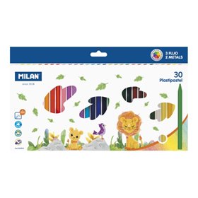 Kit com 30 giz de cera redondos coloridos Milan Plastipastel - Contém 3 giz de cera fluorescentes e 2 metálicos - Cores sortidas