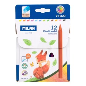 Kit com 12 giz de cera triangulares coloridos Milan Plastipastel - Contém 2 giz de cera fluorescentes - Cores sortidas