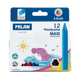 Conjunto Maxi de 12 giz de cera triangulares coloridos Milan Pastipastel - Contém 2 giz de cera fluorescentes - Cores sortidas