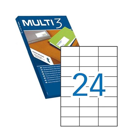 Pacote Multi3 com 2.400 etiquetas brancas de bordas retas, tamanho 70x37mm, com adesivo permanente para múltiplos usos.