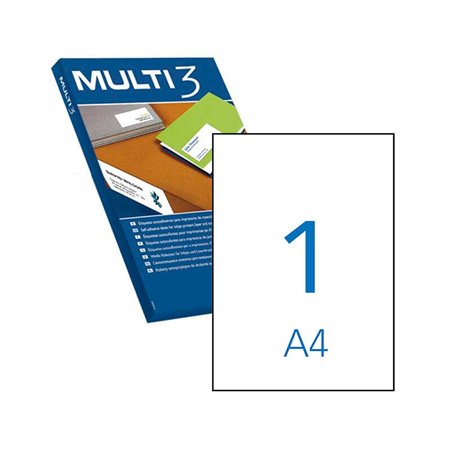 Pacote Multi3 com 100 etiquetas brancas com bordas retas, tamanho 210,0 x 297,0 mm, com adesivo permanente para múltiplos usos.